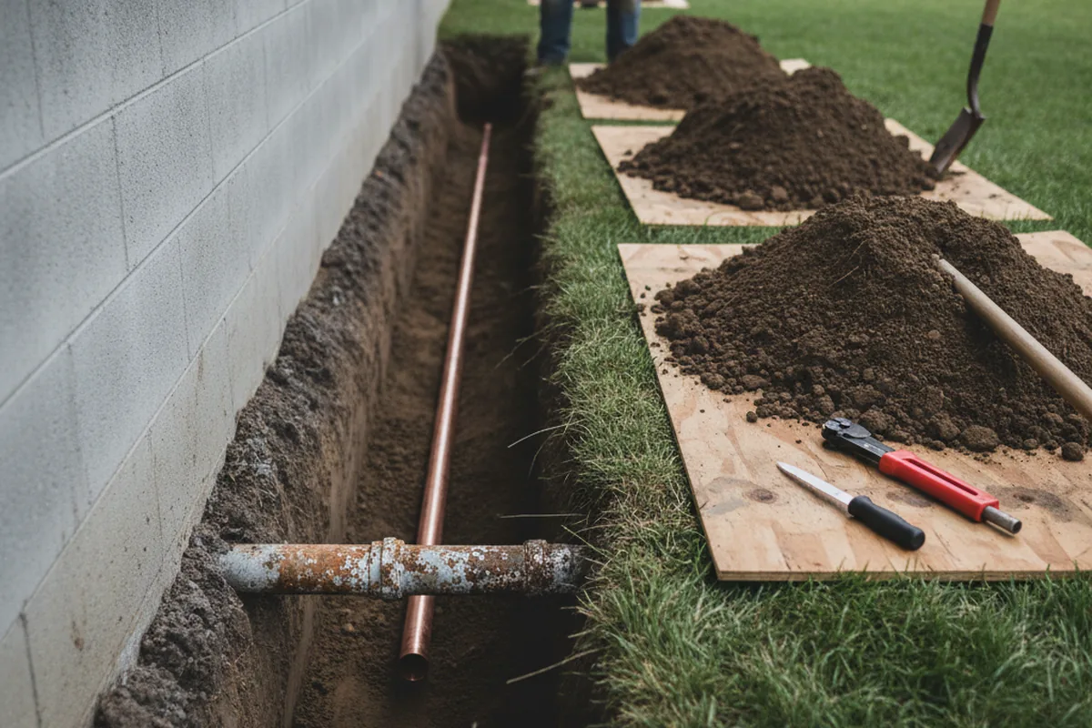 Excavated water line trench during Water Heater Repair in Troutdale